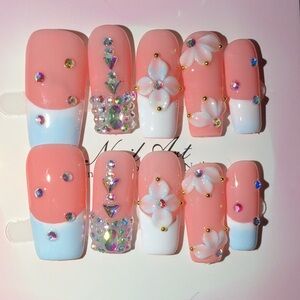 Pink & White 3D Floral Rhinestone Press-On Nails